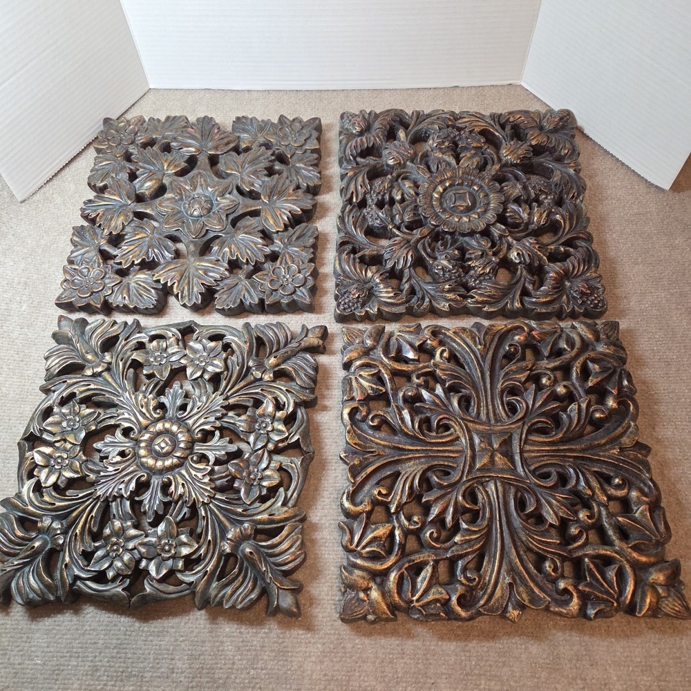 Set of 4 Ornate Bronze Gold Floral Scrollwork Square Wall Art cottagecore